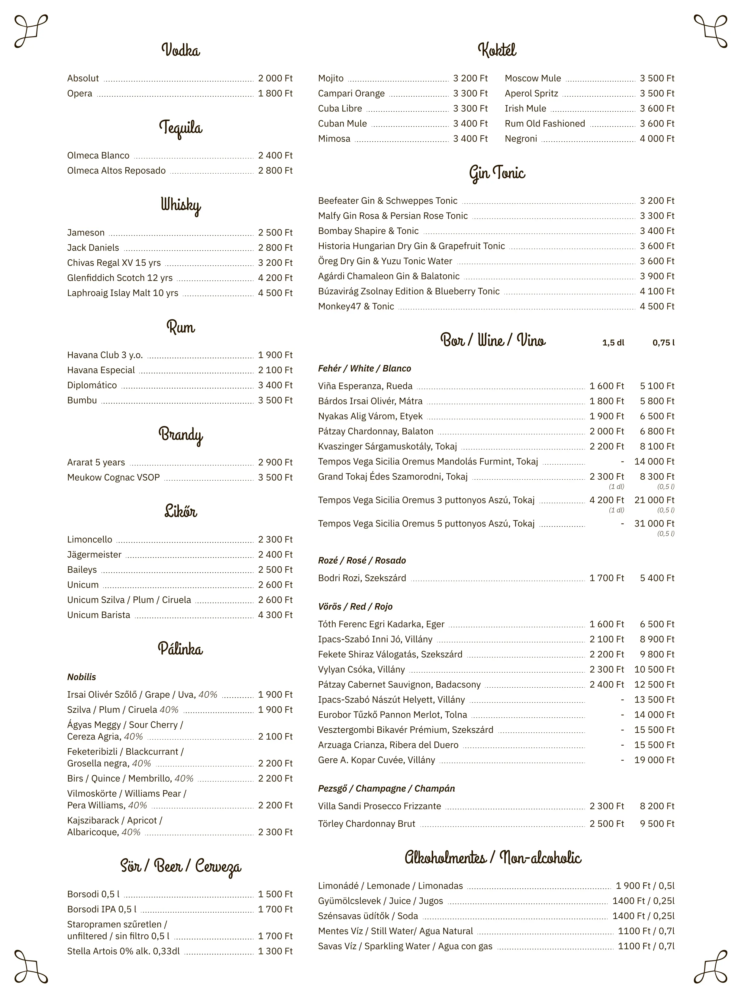Negro Mangalica Restaurant Menu